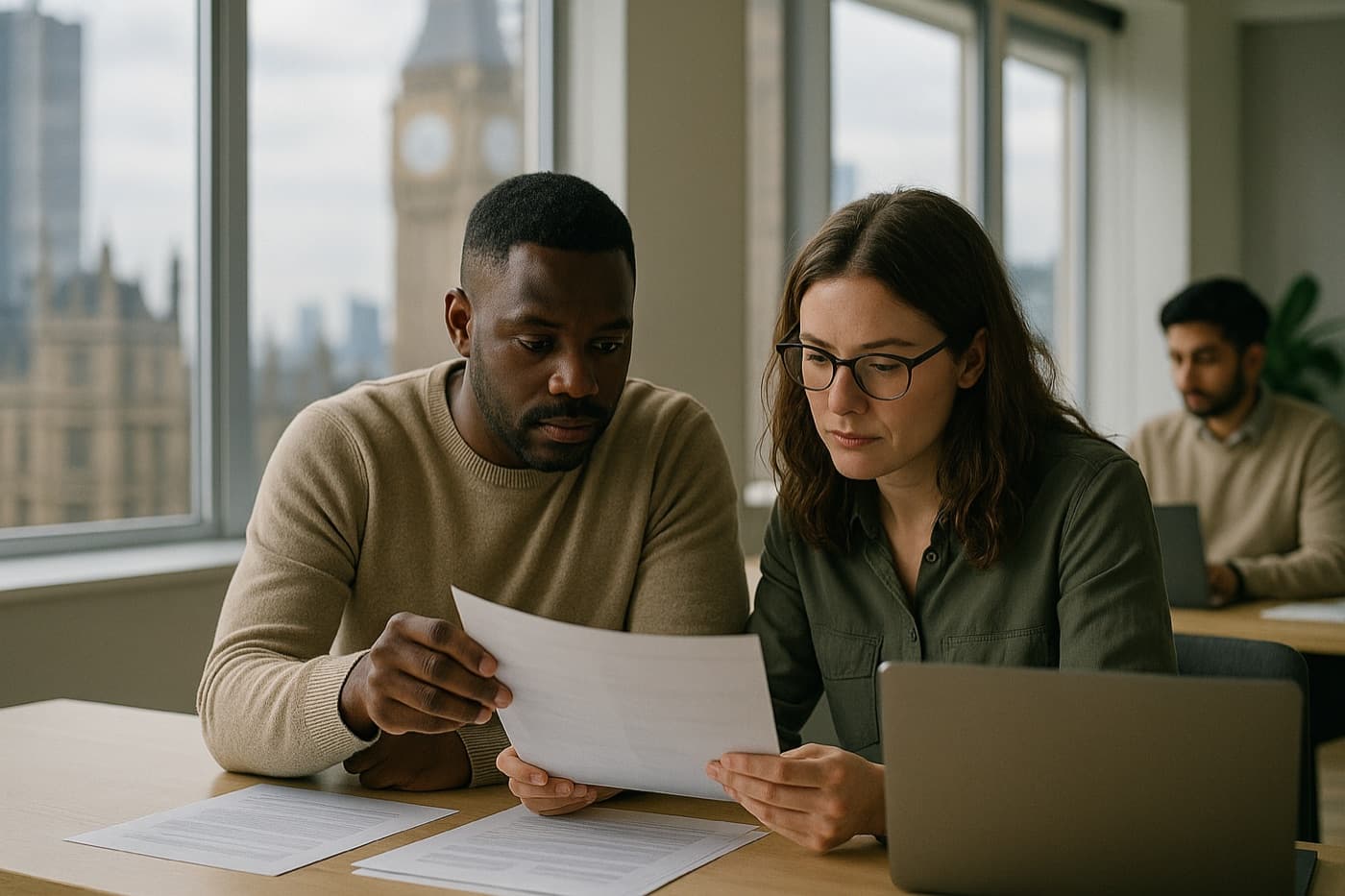 An employer and adviser reviewing a sponsorship decision together